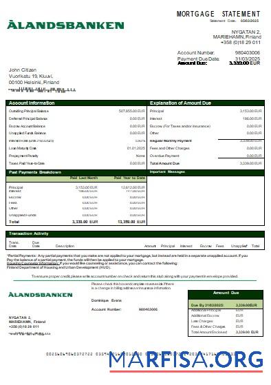 Downloadable Finland Aland bank mortgage statement scr template